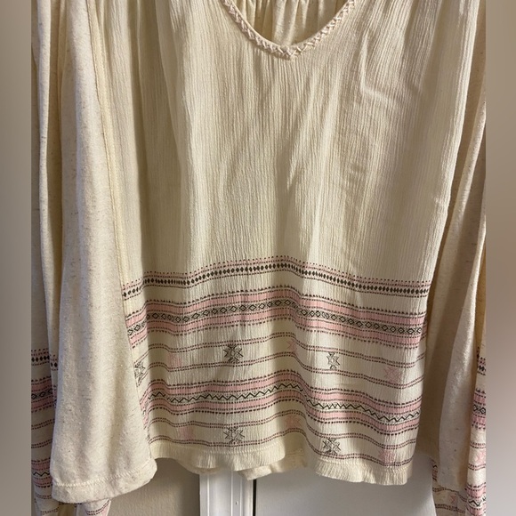 Lucky Brand gauzy peasant v neck blouse cream embroidered linen blend Medium - Picture 5 of 8
